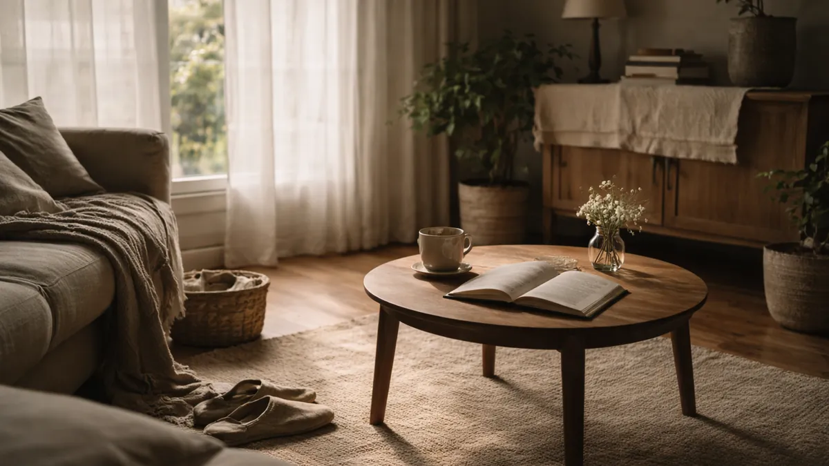 Imagen de una habitación tranquila con luz natural, una mesa con un libro abierto y una taza, que sugiere un espacio de pausa, tiempo y cuidado.