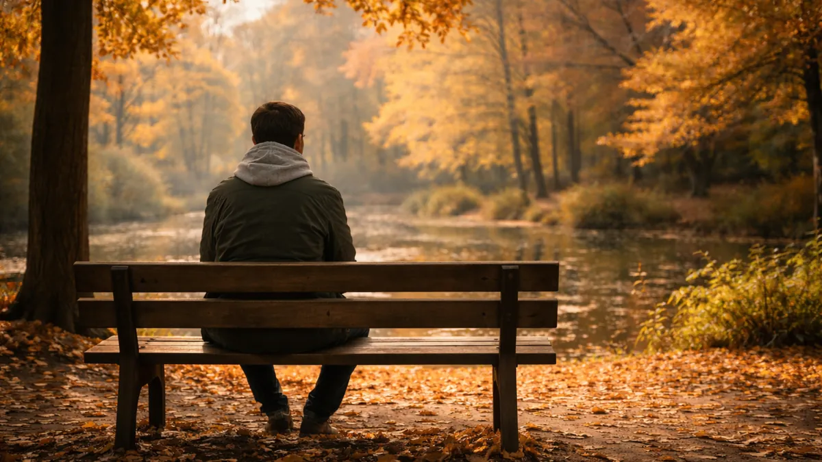 Imagen de una persona sentada de espaldas en un banco, frente a un paisaje otoñal con un río, en una escena de pausa y reflexión que sugiere un momento de transición personal.