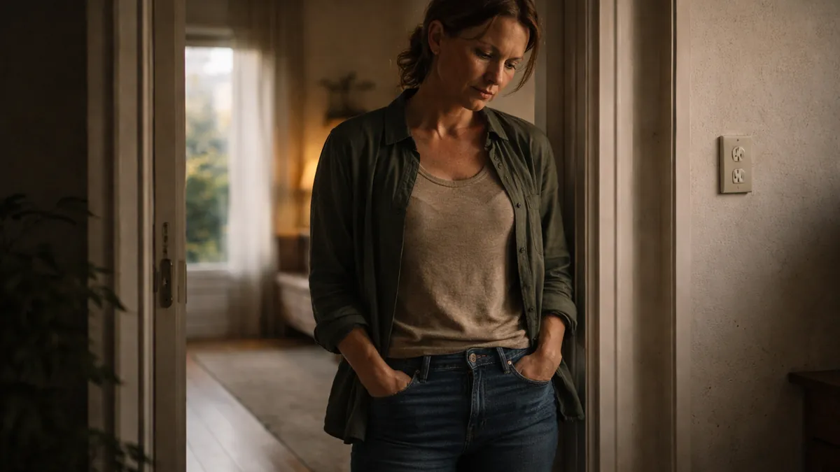 Imagen de una persona adulta detenida en un pasillo, con la mirada baja y el cuerpo en pausa, en una escena que sugiere reflexión y carga emocional acumulada a lo largo del tiempo