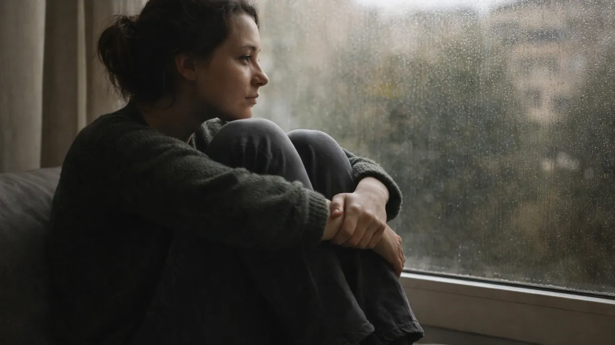 Imagen de una persona sentada junto a una ventana, con el cuerpo recogido y la mirada hacia el exterior, en una escena de pausa y contacto con la experiencia presente